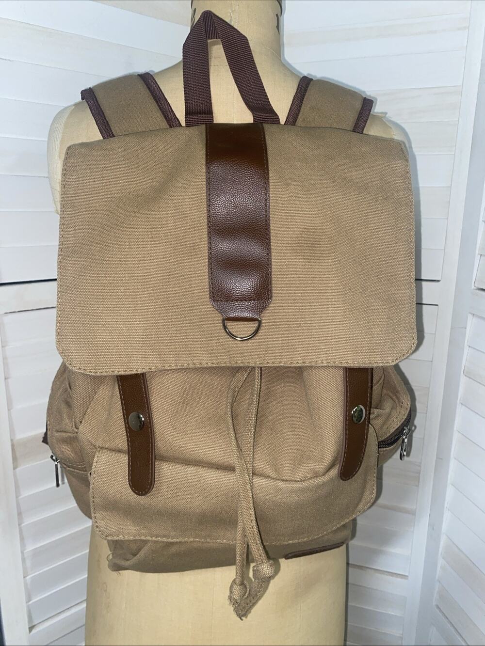 Bella Russo Canvas Backpack Faux Leather Closures Bookbag Canvas Bag Luggage